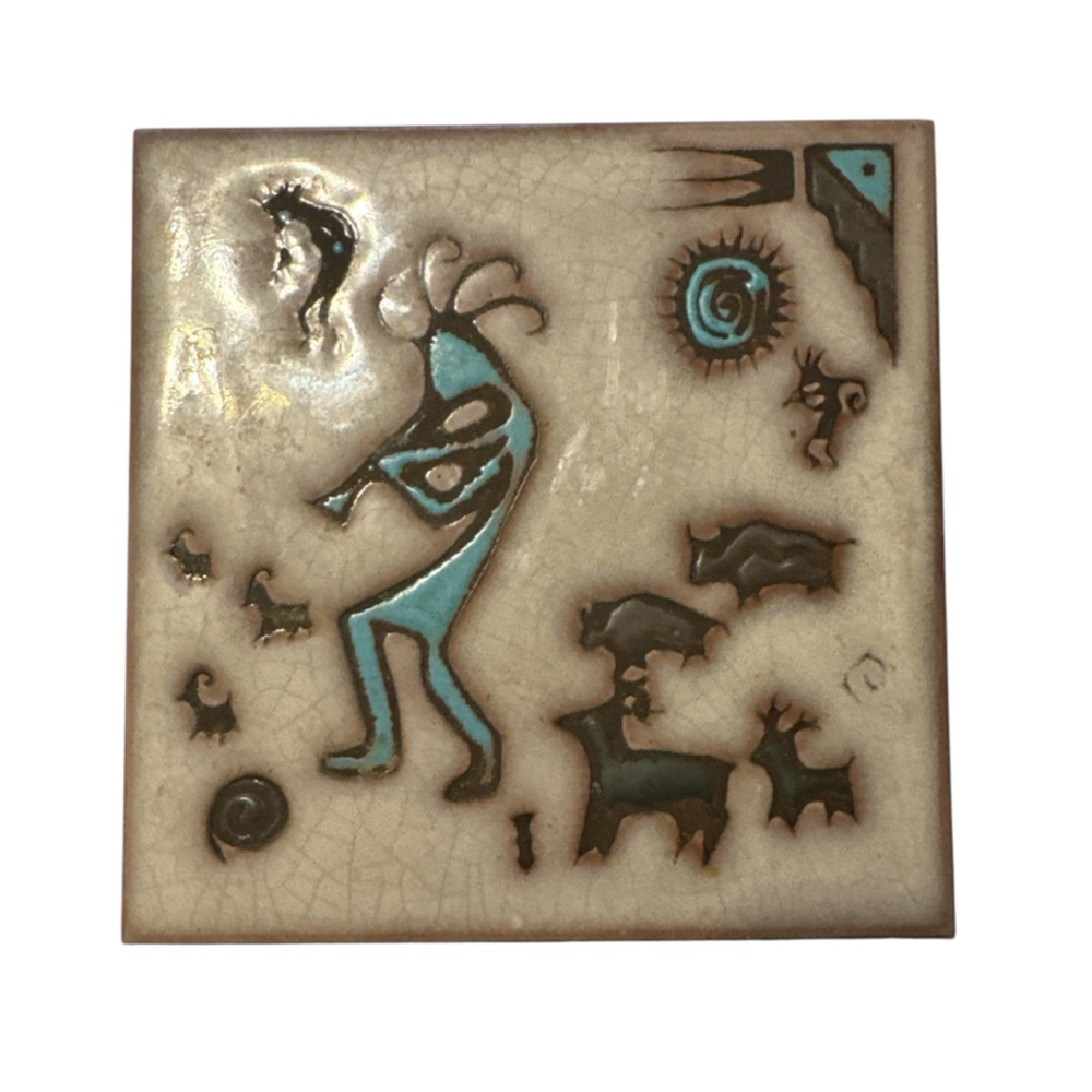 Kokopelli Musician Deity Mag Mor Studios Tile Southwest Design 6x6 Beige & Teal